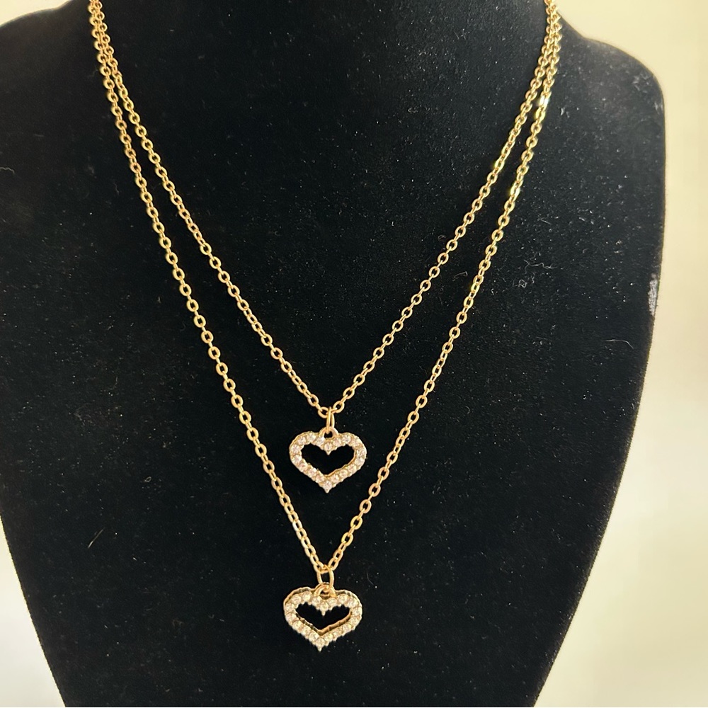 Goldtone Necklace with Two Gold and Crystal Heart Pendants